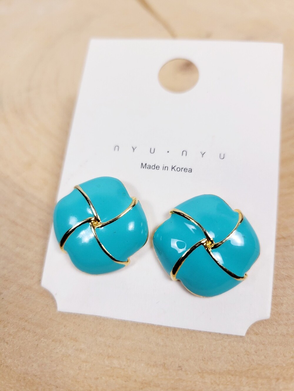 Brand New Gold Tone Turquoise Blue Square Stud Earrings